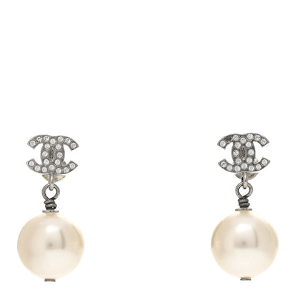 Chanel Crystal Pearl CC Drop Earrings Silver Pearly White 1 of 4