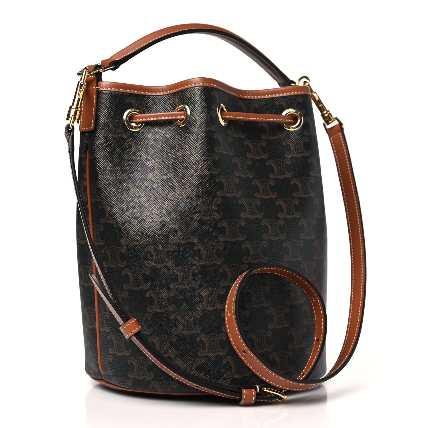 Celine Triomphe Canvas Calfskin Clara Drawstring Bucket Bag Tan 3 of 9