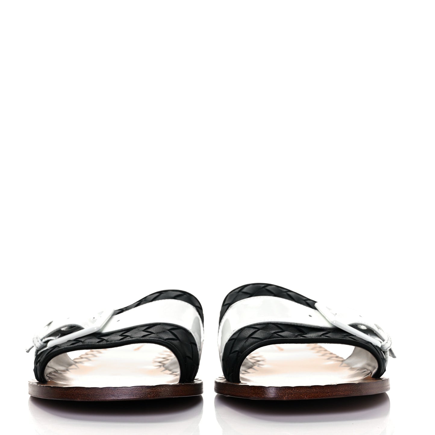 Nappa Intrecciato Patent Ravello Buckle Flat Sandals 38.5 Black White