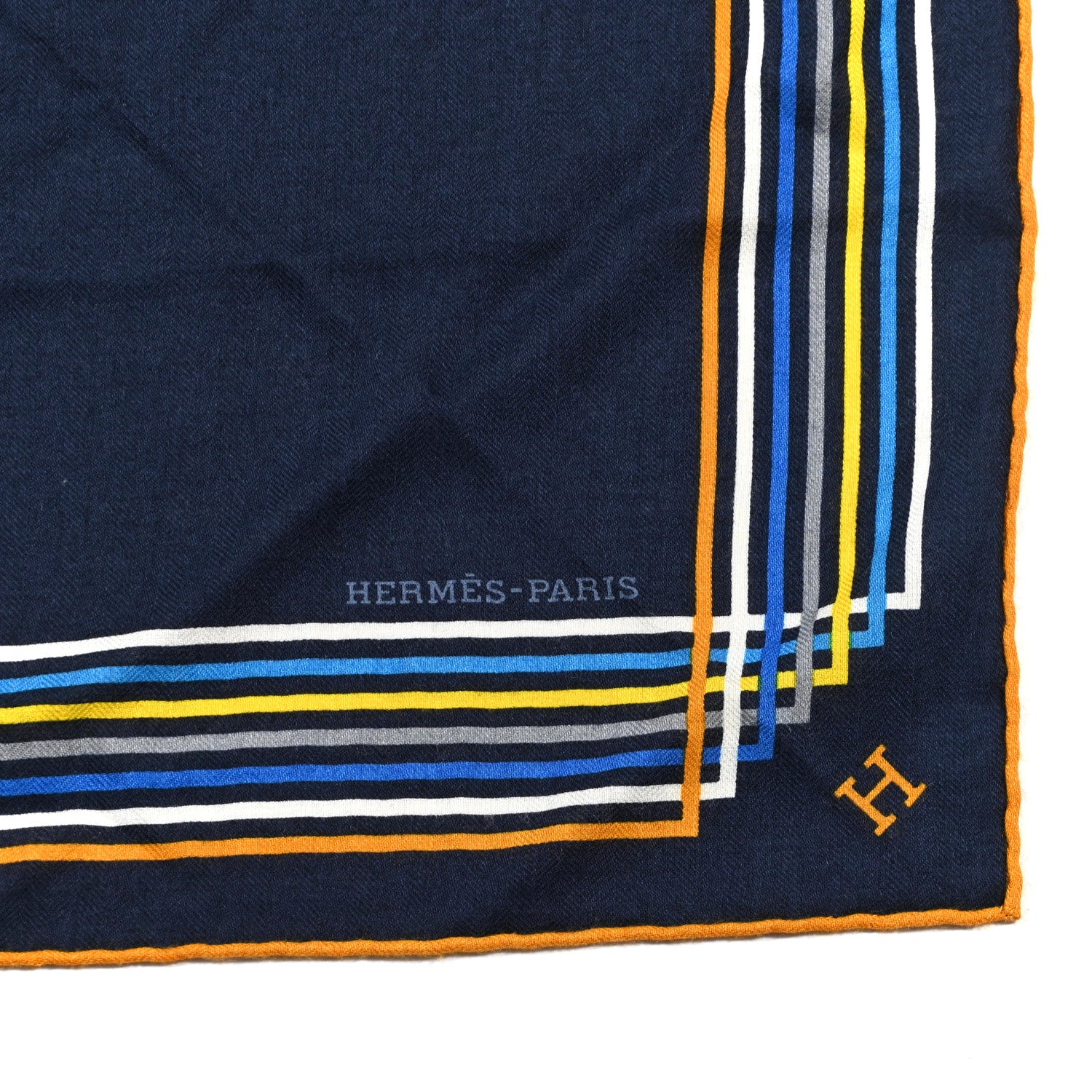 Hermes Cashmere Silk Encadre Liste Au Fil Shawl 140 Bleu Marine Gold White 2 of 3