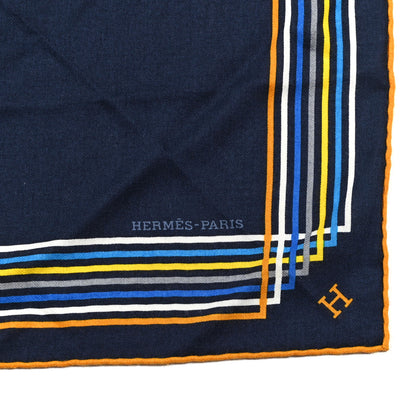 Hermes Cashmere Silk Encadre Liste Au Fil Shawl 140 Bleu Marine Gold White 2 of 3