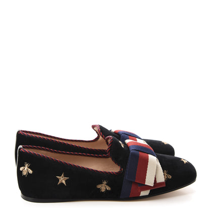 Gucci Velvet Bee Star Embroidered Sylvie Bow Loafers 37.5 Black 4 of 11