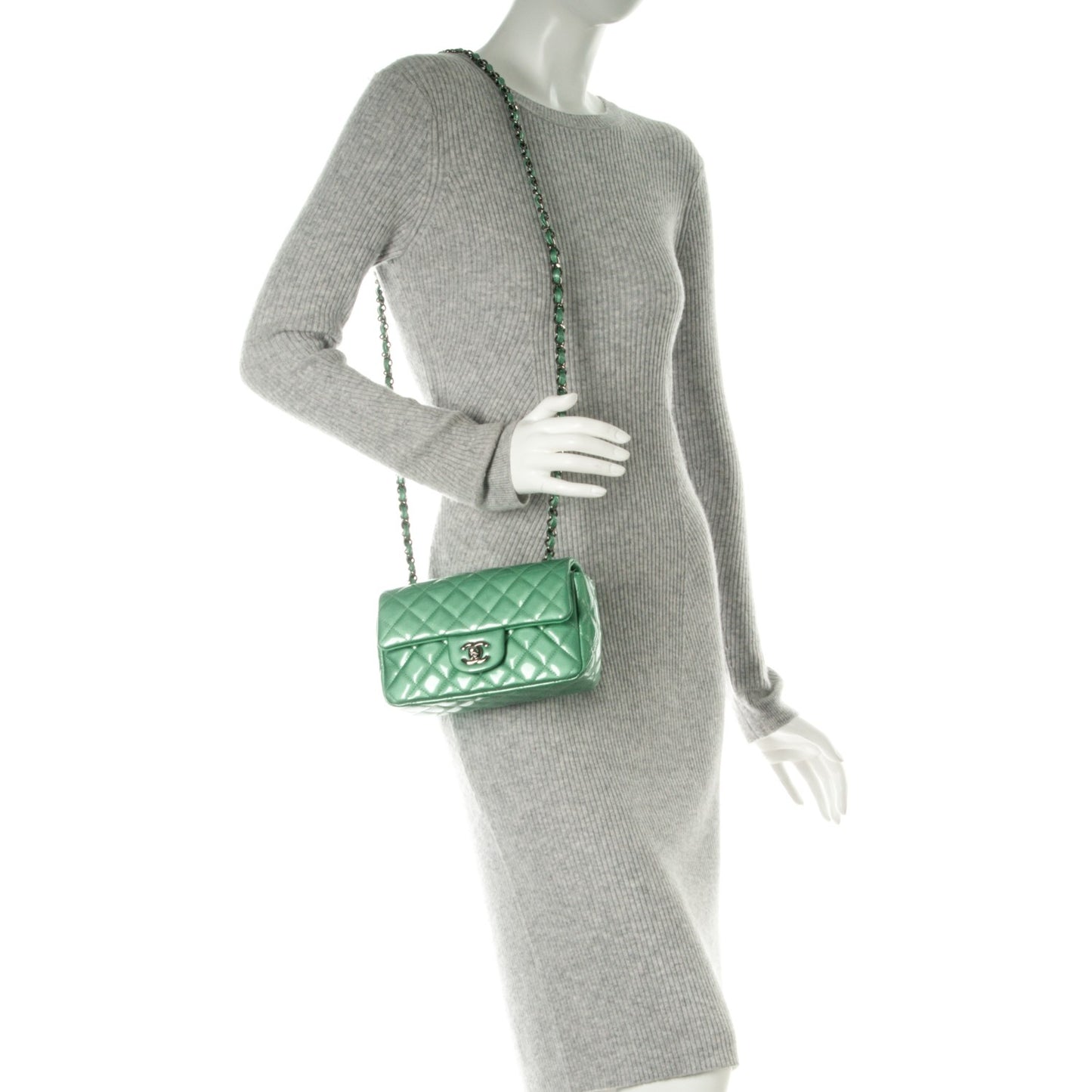 Patent Calfskin Quilted Mini Rectangular Flap Green