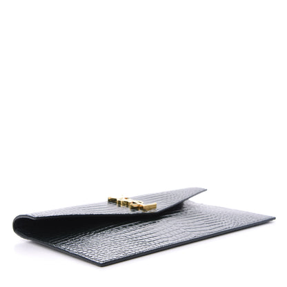 Saint Laurent Calfskin Crocodile Embossed Uptown Monogram Clutch Dark Green 4 of 9