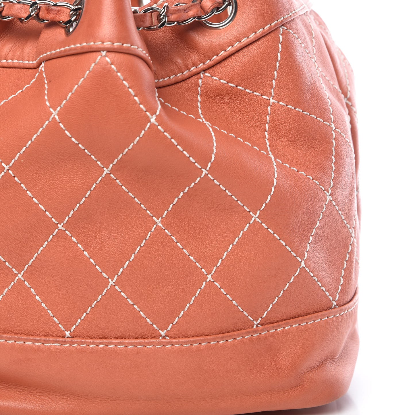 Lambskin Contrast Stitch Small Drawstring Tote Coral
