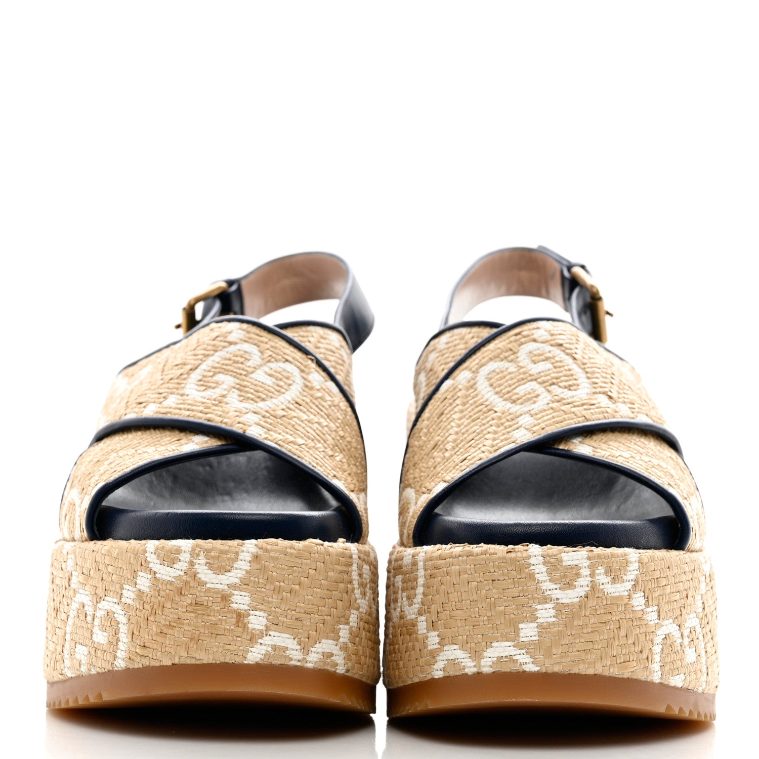 Gucci Raffia Nappa GG Monogram Angelina Platform Slingback Sandals 39.5 Natural Great White Blue Agata 2 of 11