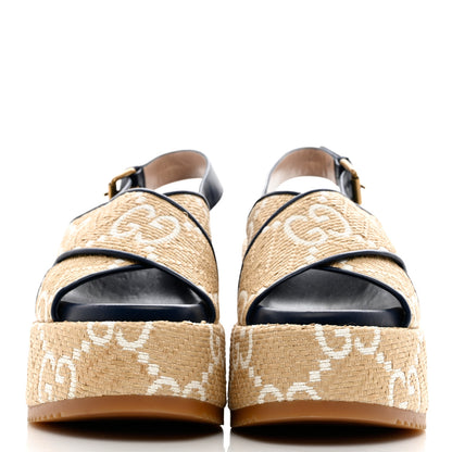 Gucci Raffia Nappa GG Monogram Angelina Platform Slingback Sandals 39.5 Natural Great White Blue Agata 2 of 11