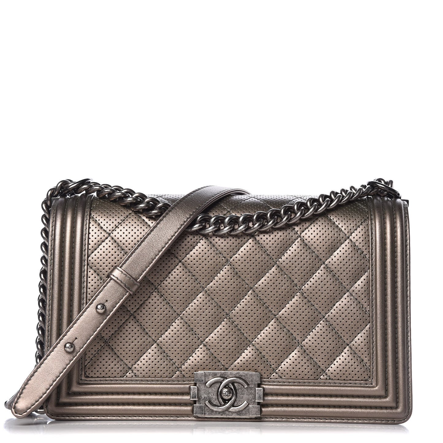 Metallic Lambskin Perforated New Medium Boy Flap Dark Silver