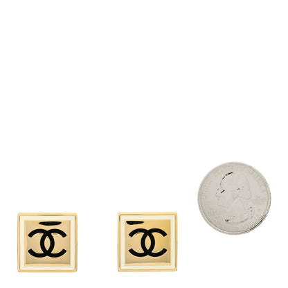 Chanel Metal Enamel CC Square Earrings Gold Black White 2 of 4
