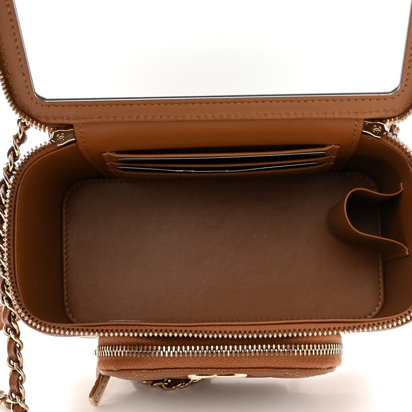 Caviar Quilted Top Handle Pocket Vanity Case Camel