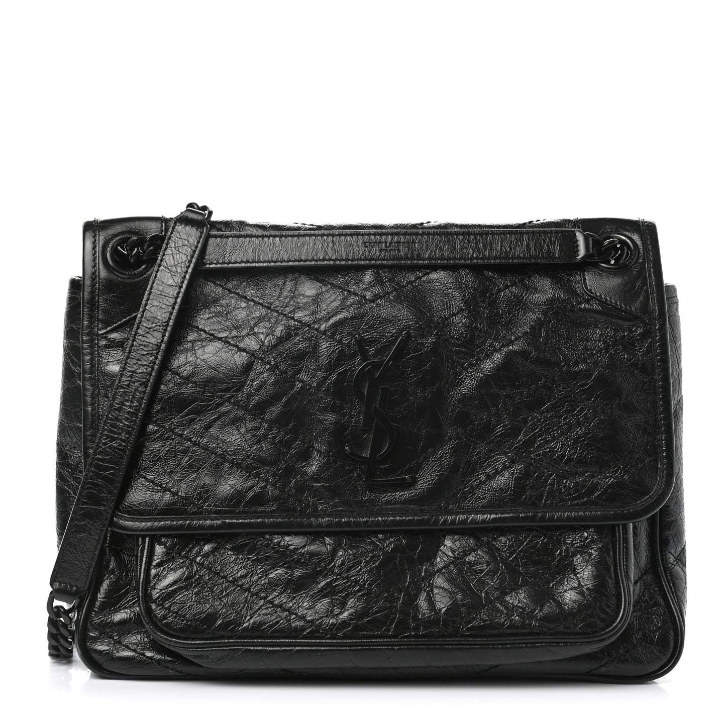 Crinkled Calfskin Matelasse Monogram Medium Niki Chain Satchel Black