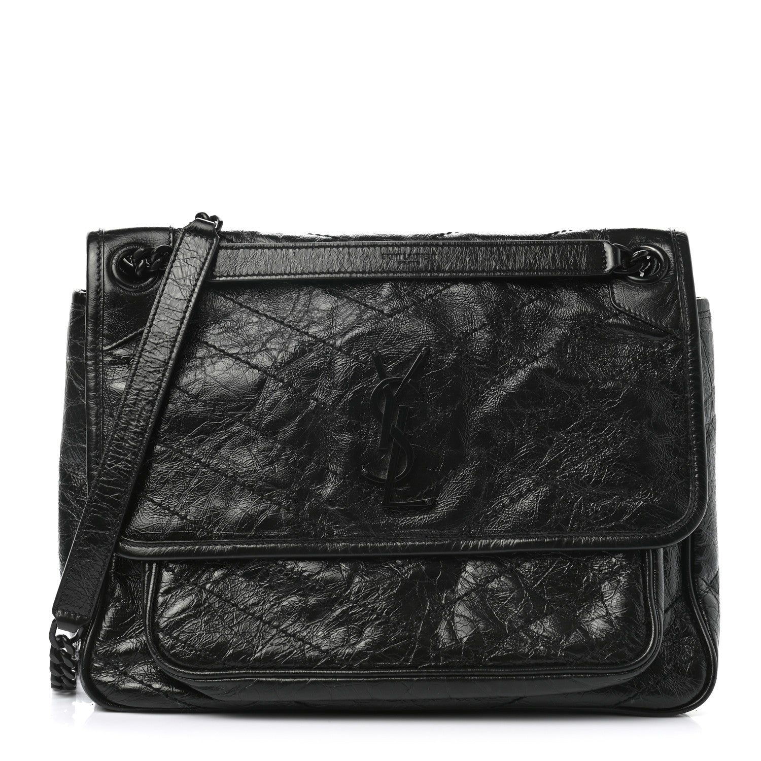 Saint Laurent Crinkled Calfskin Matelasse Monogram Medium Niki Chain Satchel Black 1 of 9