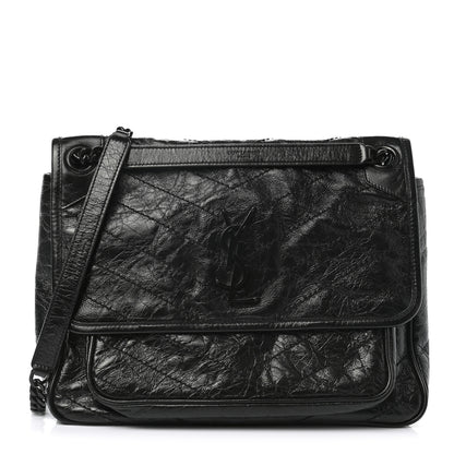 Saint Laurent Crinkled Calfskin Matelasse Monogram Medium Niki Chain Satchel Black 1 of 9