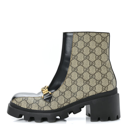 Gucci GG Supreme Monogram Magnum Calfskin Interlocking G Womens Lug Sole Ankle Boots 41 Beige Ebony Black 1 of 8