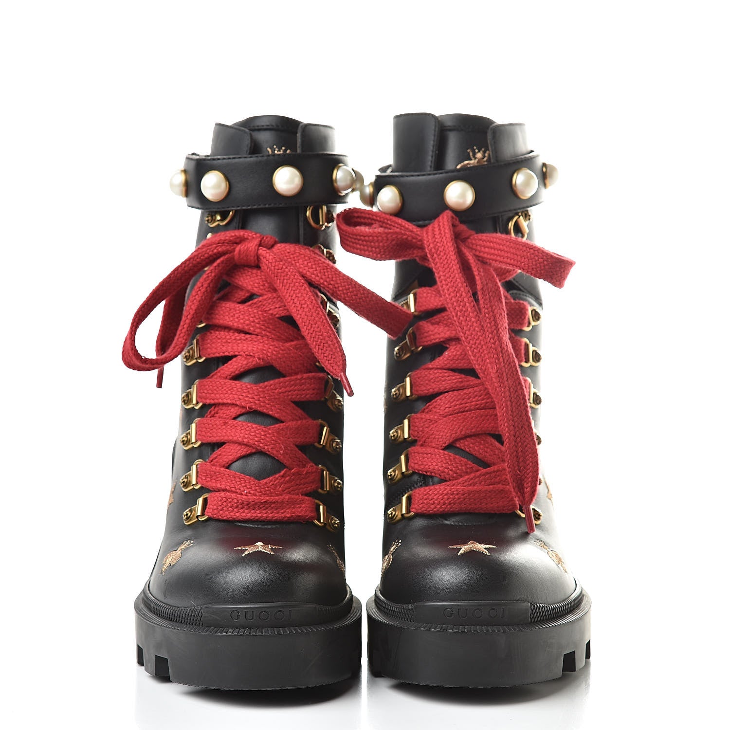 Gucci Calfskin Embroidered Lace Up Combat Ankle Boots 39 Black 2 of 11