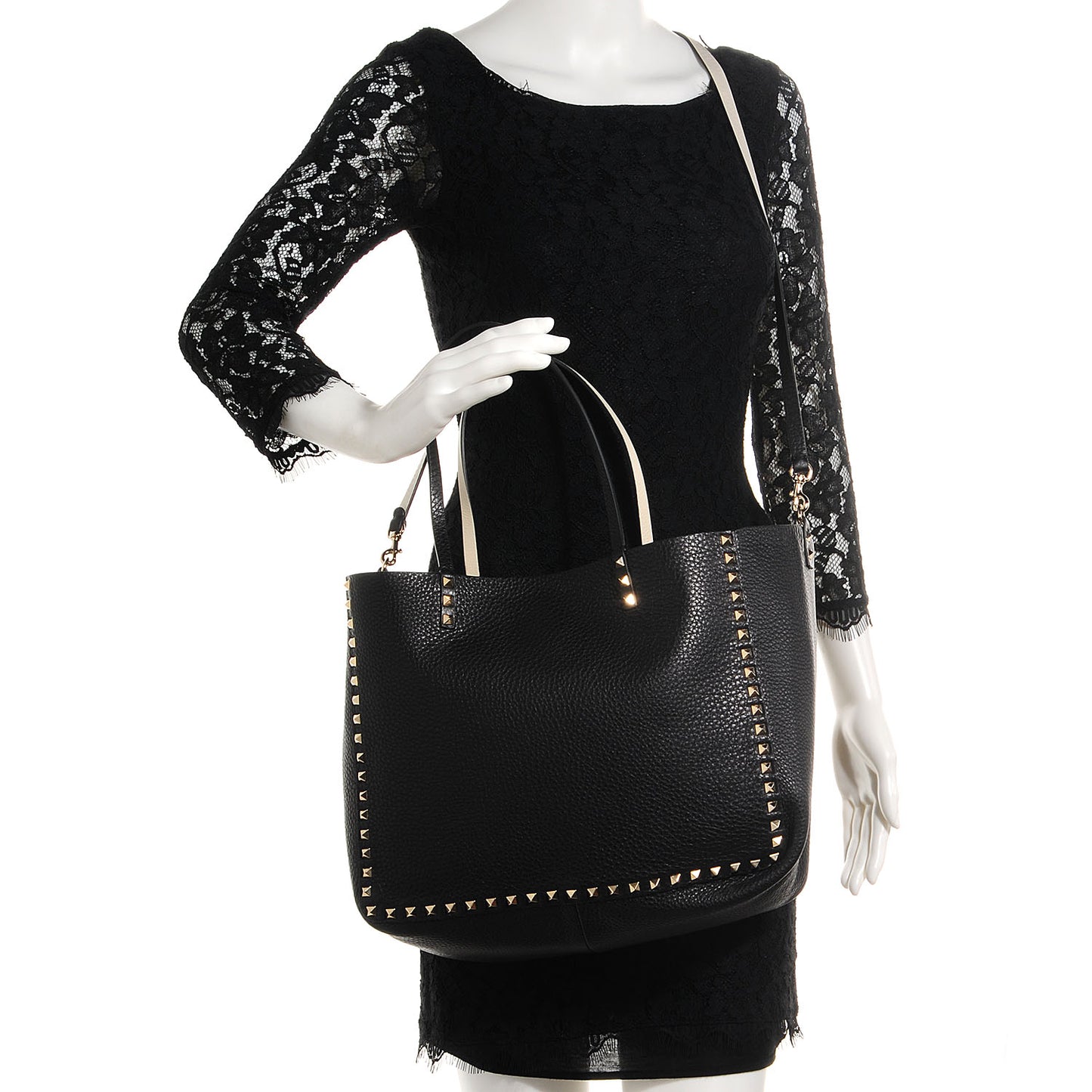 Pebbled Calfskin Medium Rockstud Reversible Tote Black Light Ivory
