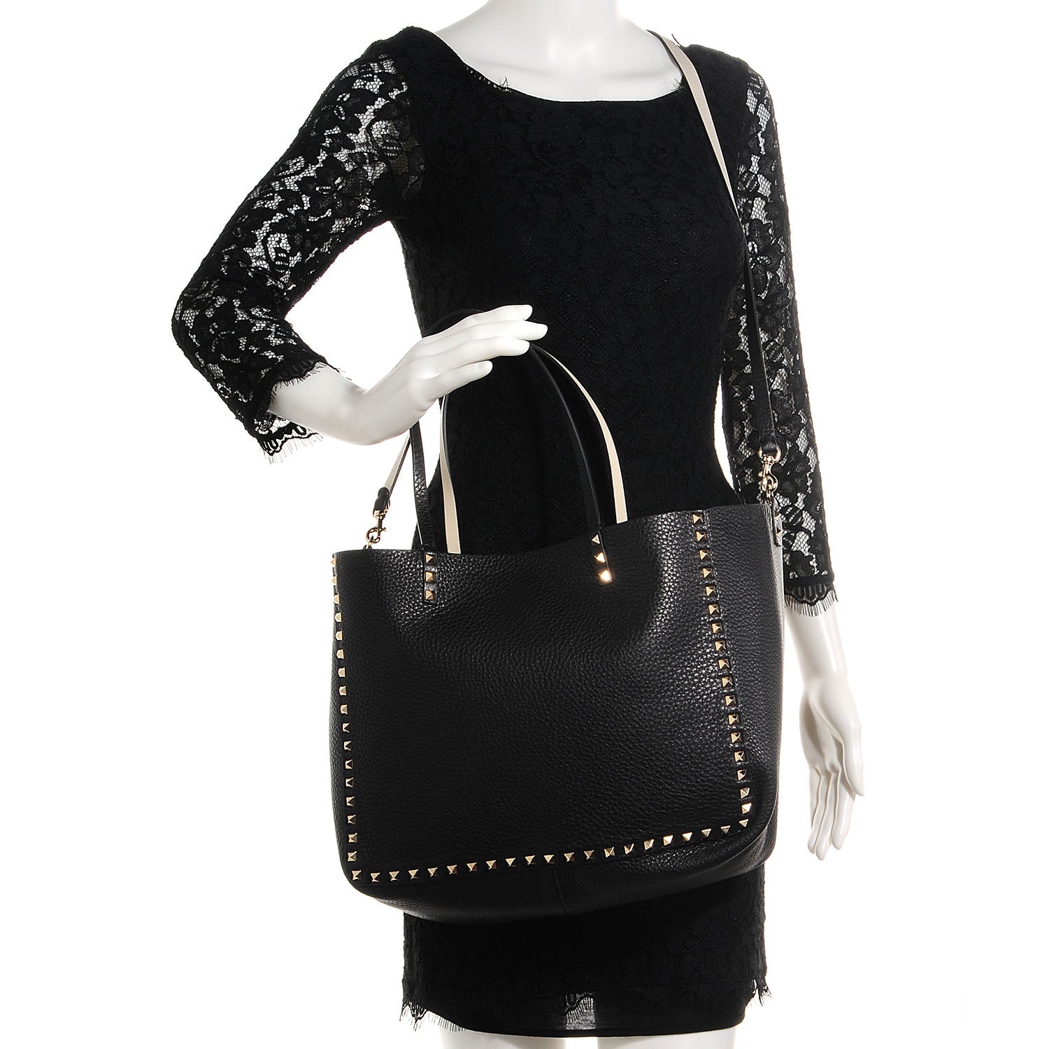 Valentino Garavani Pebbled Calfskin Medium Rockstud Reversible Tote Black Light Ivory 2 of 9
