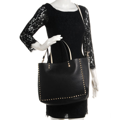 Valentino Garavani Pebbled Calfskin Medium Rockstud Reversible Tote Black Light Ivory 2 of 9