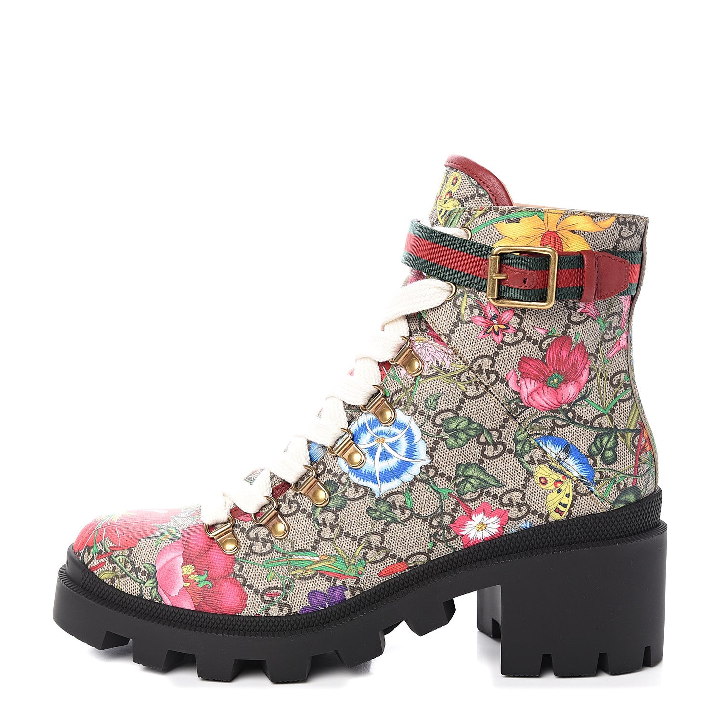 GG Supreme Monogram Flora Lace Up Combat Ankle Boots 40 Beige Multicolor Red