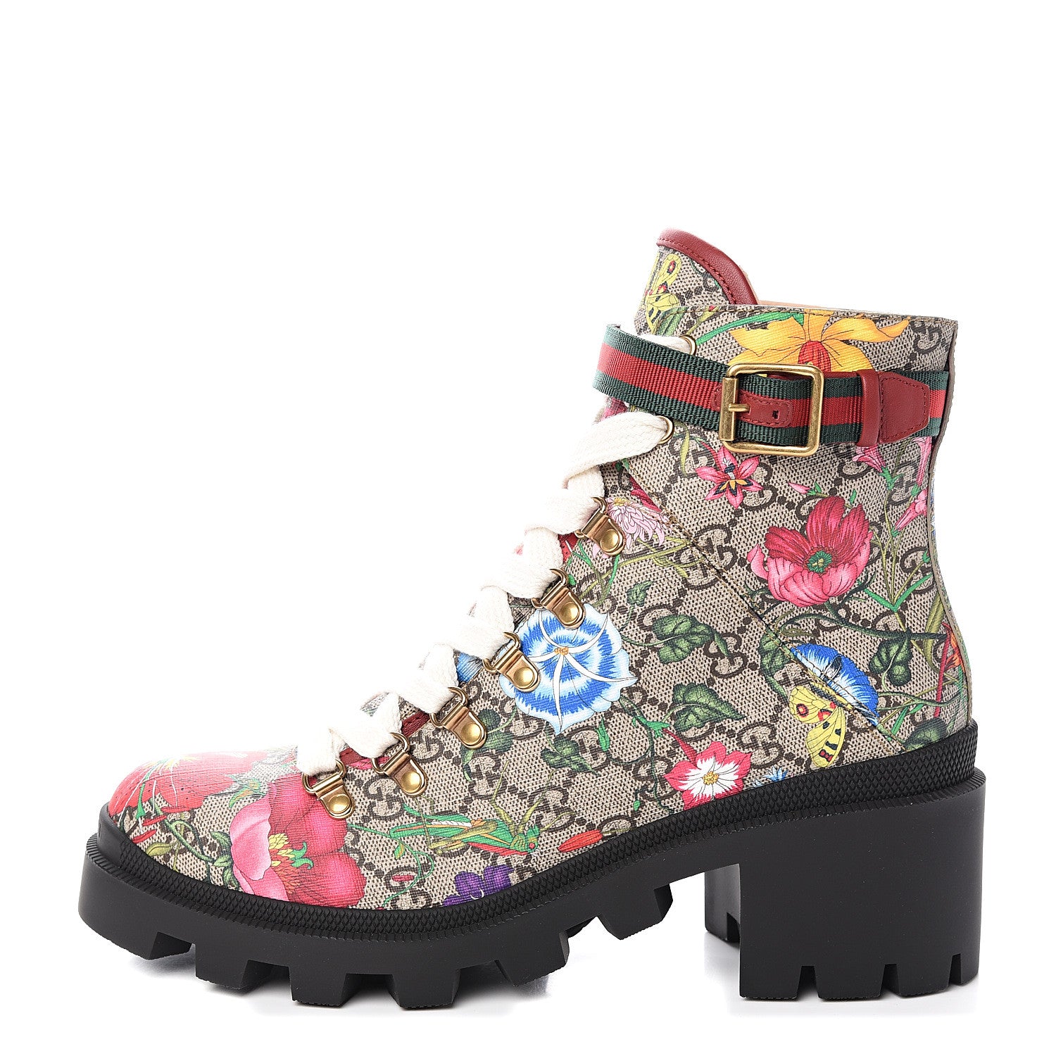 Gucci GG Supreme Monogram Flora Lace Up Combat Ankle Boots 40 Beige Multicolor Red 1 of 8