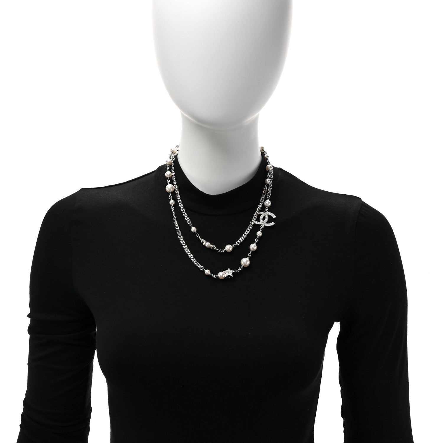 Chanel Pearl Crystal CC Starfall Necklace Silver 2 of 5