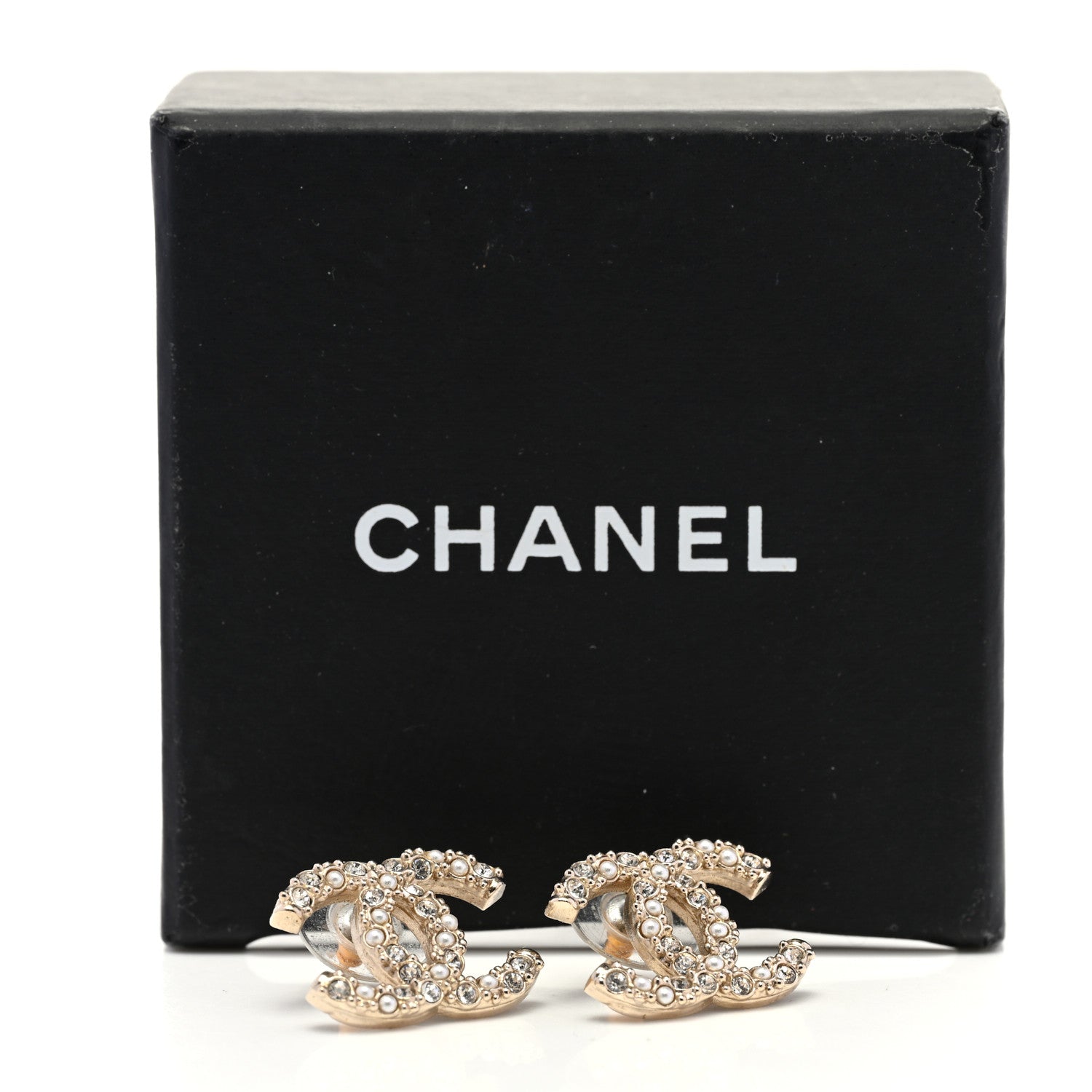 Chanel Metal Graduated Pearl Crystal CC Earrings Light Gold 5 of 5