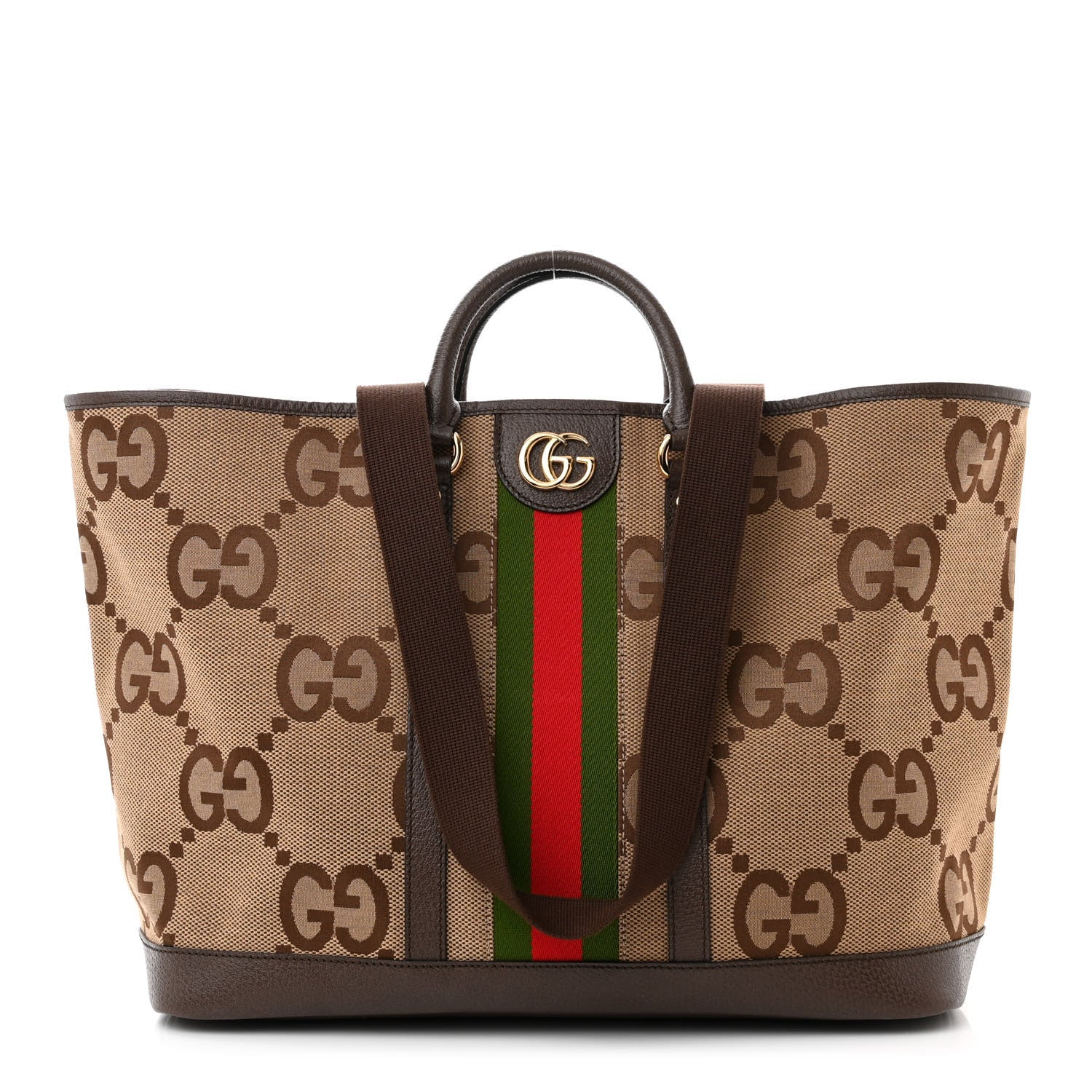 Gucci Monogram Jumbo GG Textured Dollar Calfskin Web Medium Ophidia Shopping Tote Camel Ebony 1 of 10