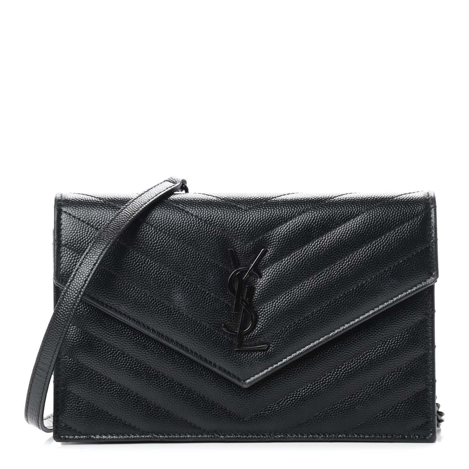 Saint Laurent Grain De Poudre Matelasse Chevron Monogram Envelope Chain Wallet Black 1 of 9