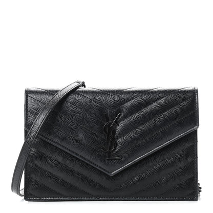 Saint Laurent Grain De Poudre Matelasse Chevron Monogram Envelope Chain Wallet Black 1 of 9