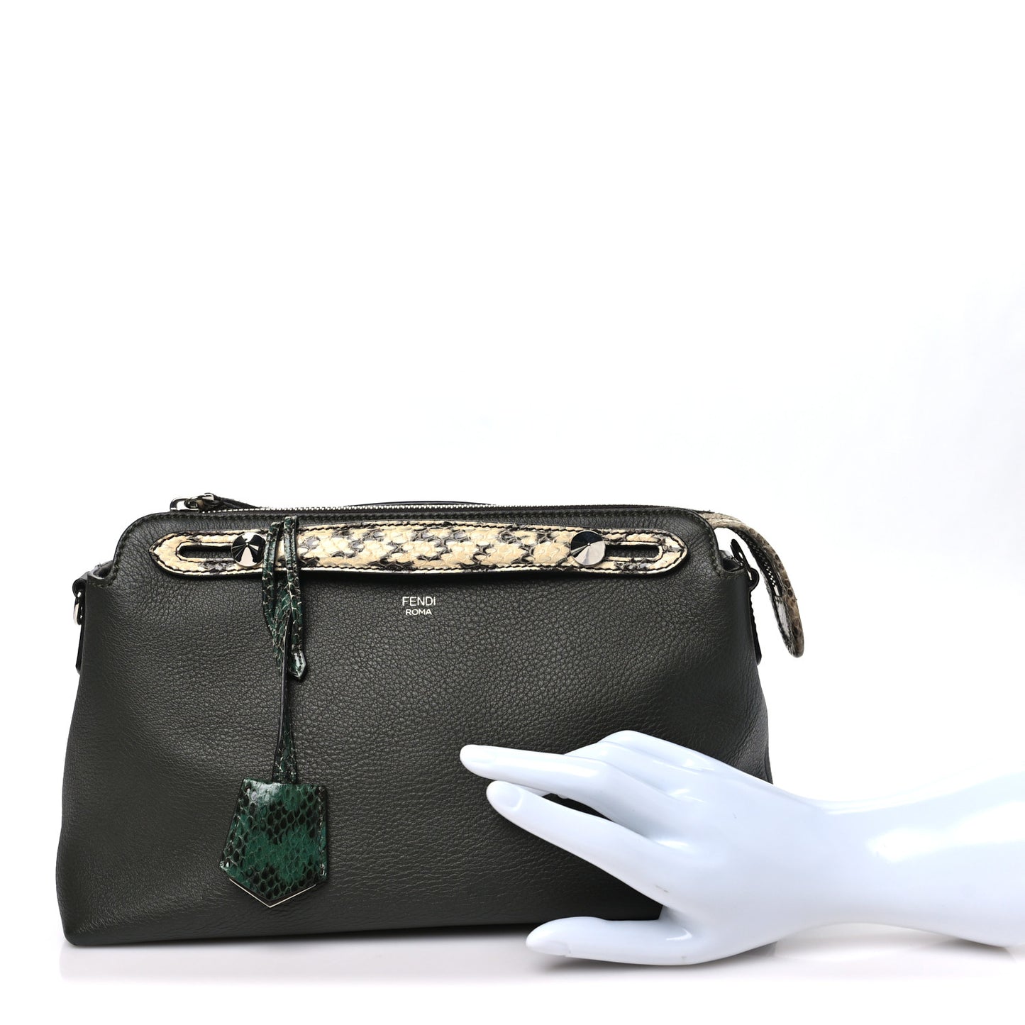 Vitello Snakeskin Medium By The Way Boston Bag Dark Green Roccia