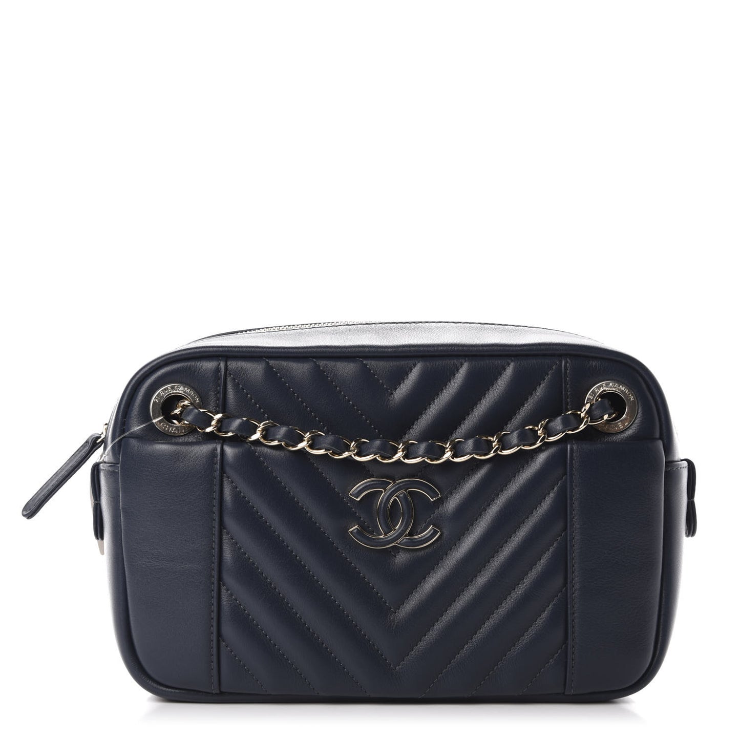 Calfskin Quilted Daily Chevron Camera Case Navy Blue