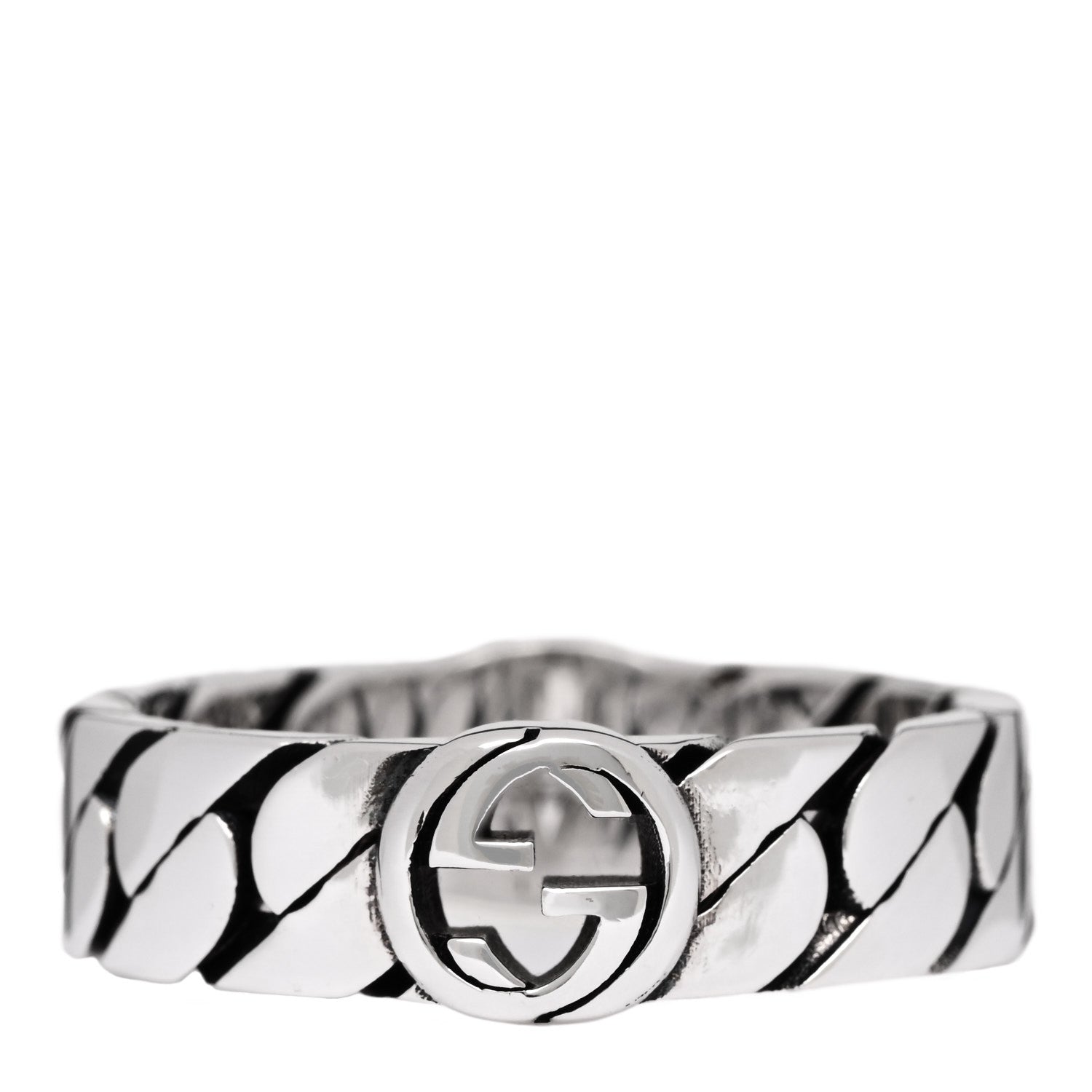 Gucci Sterling Silver Enamel Interlocking G Chain Ring 63 10.5 Black 1 of 5
