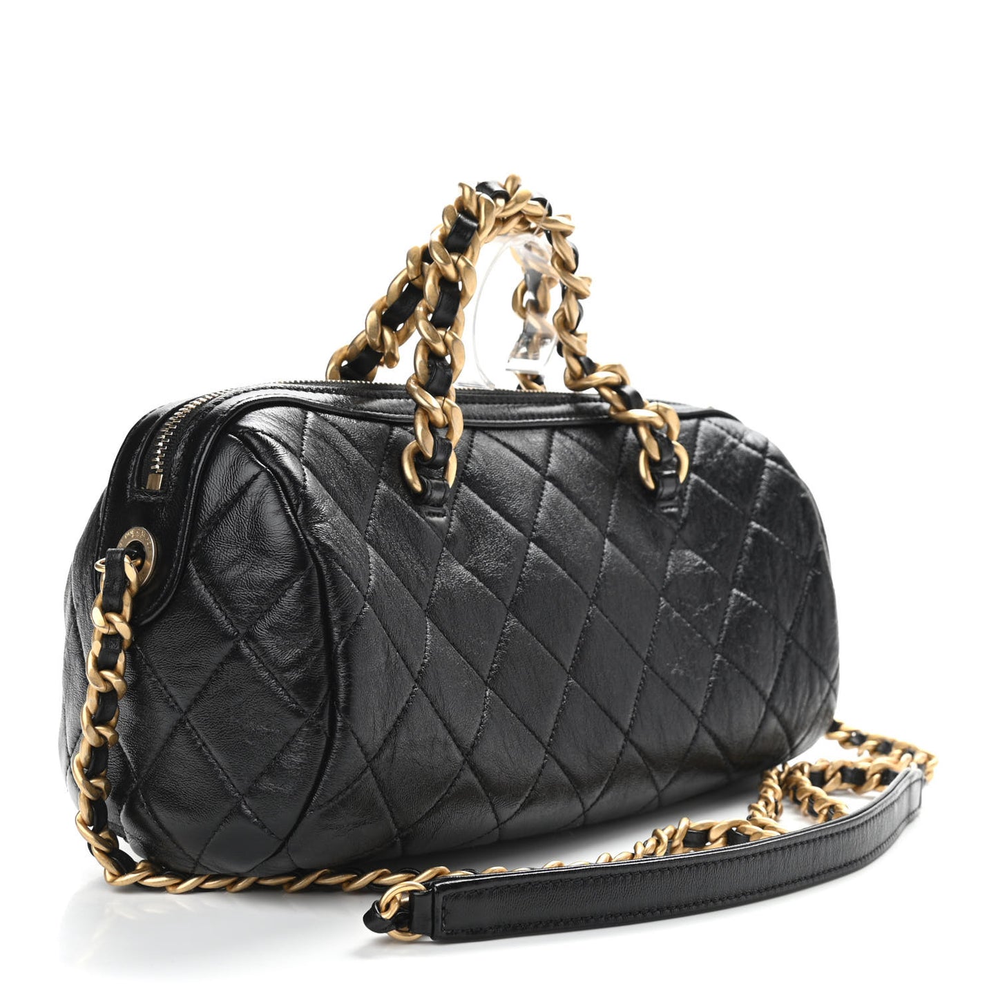 Shiny Lambskin Quilted Fashion Therapy Bowling Bag Black