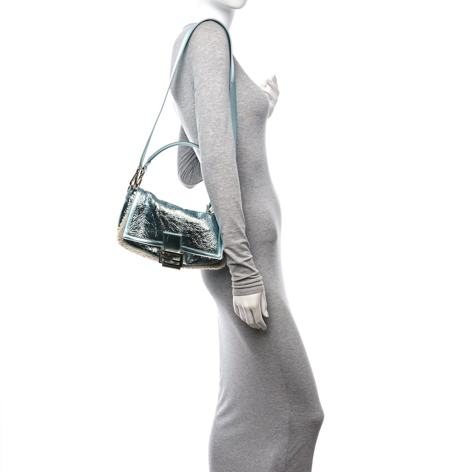 Fendi Metallic Lambskin Sheepskin Fur Re-Edition 2005-2006 Baguette Light Blue 2 of 10