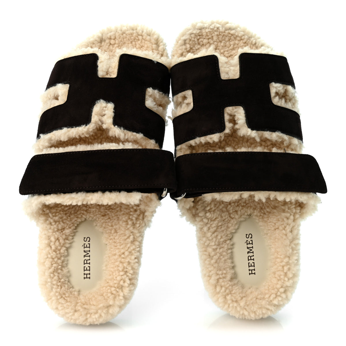 Hermes Suede Goatskin Woolskin Womens Chypre Sandals 38 Marron Ebene 2 of 9