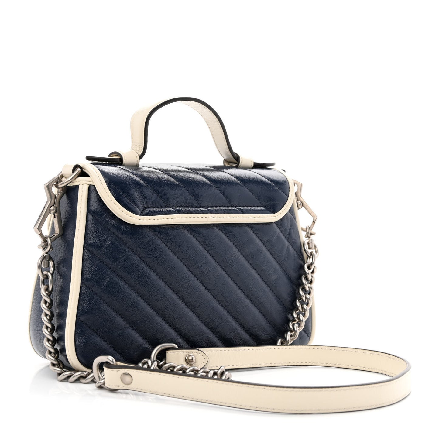 Vintage Effect Calfskin Matelasse Diagonal Mini Torchon GG Marmont Top Handle Shoulder Bag Blue Agata Mystic White