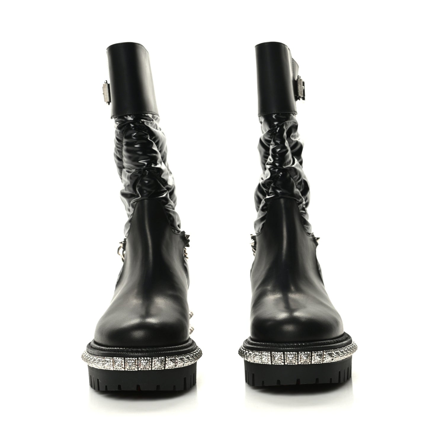 Glazed Fabric Quilted Calfskin Studded Chain Verdonna Boots 35.5 Black