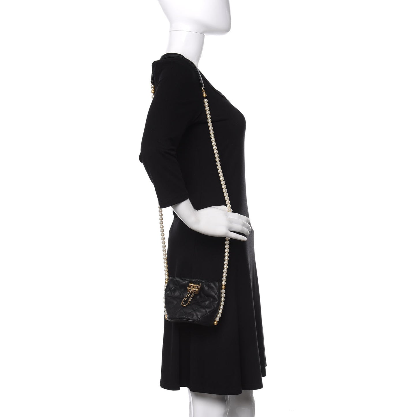 Calfskin Quilted Pearl Mini About Pearls Drawstring Bucket Bag Black