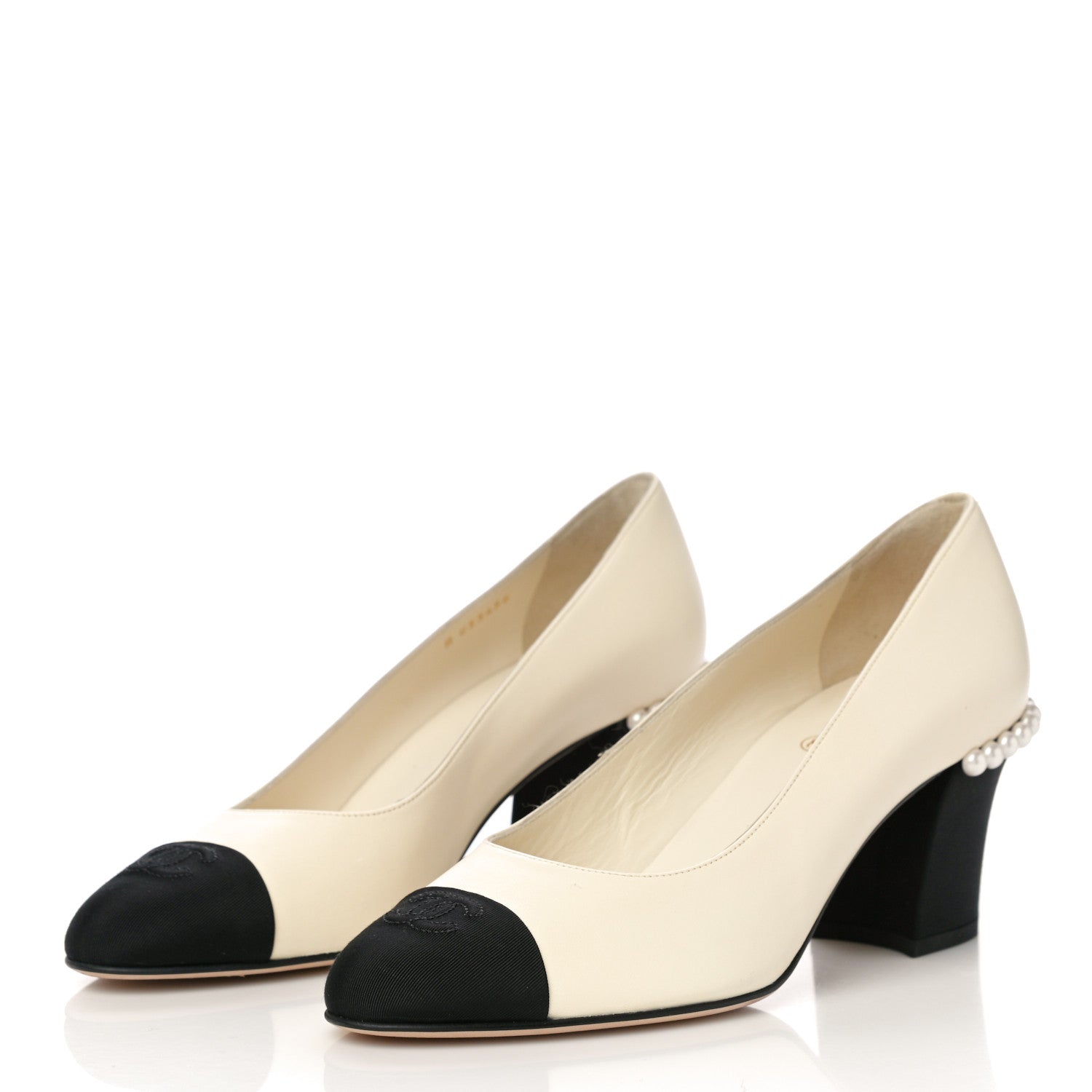 Chanel Lambskin Grosgrain Pearl Cap Toe CC Pumps 39 Ivory Black 4 of 13