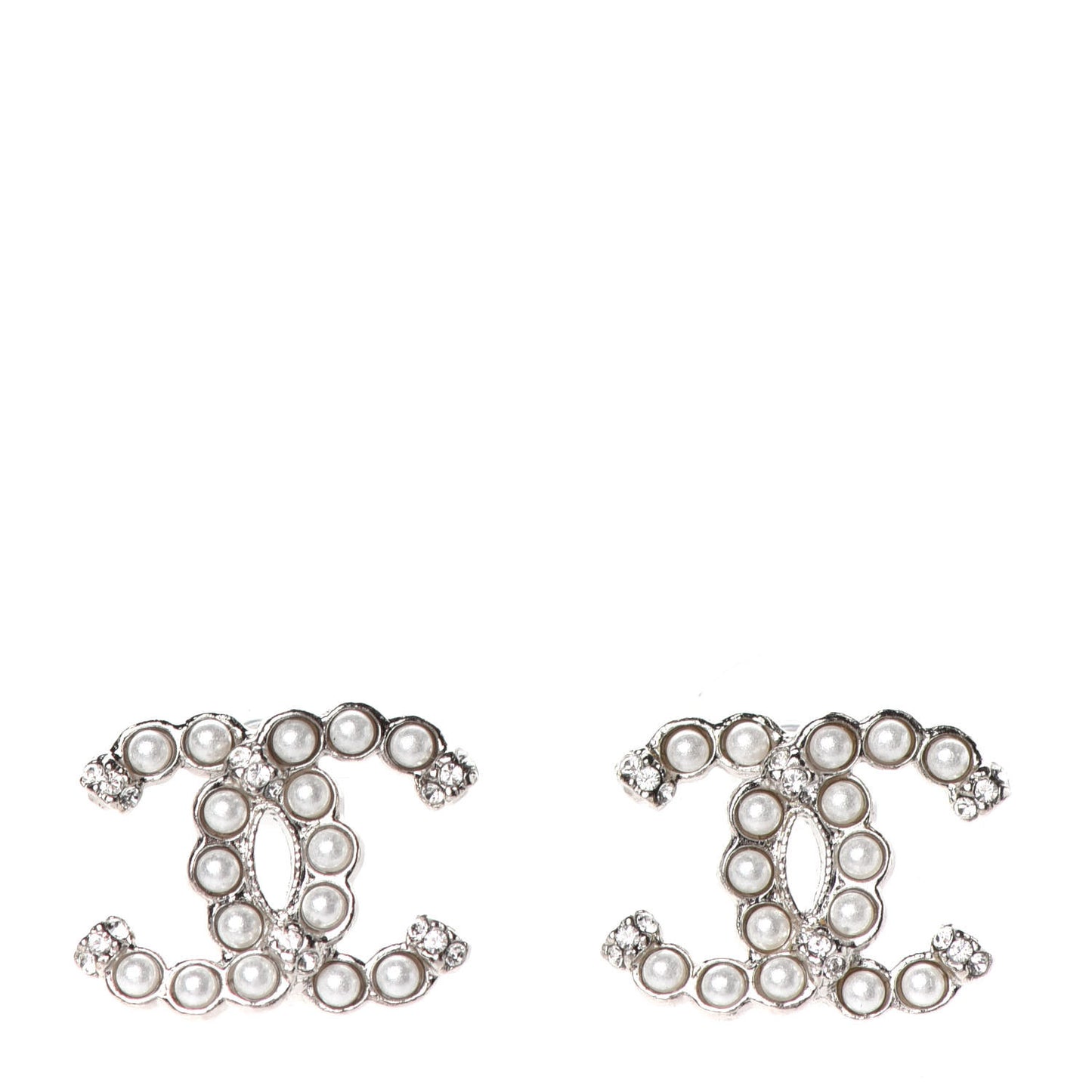 Pearl Crystal CC Regalia Small Button Earrings Silver