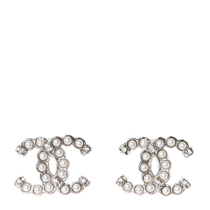 Chanel Pearl Crystal CC Regalia Small Button Earrings Silver 1 of 4