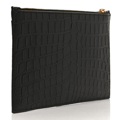 Saint Laurent Calfskin Crocodile Embossed Monogram Bill Pouch Black 3 of 11