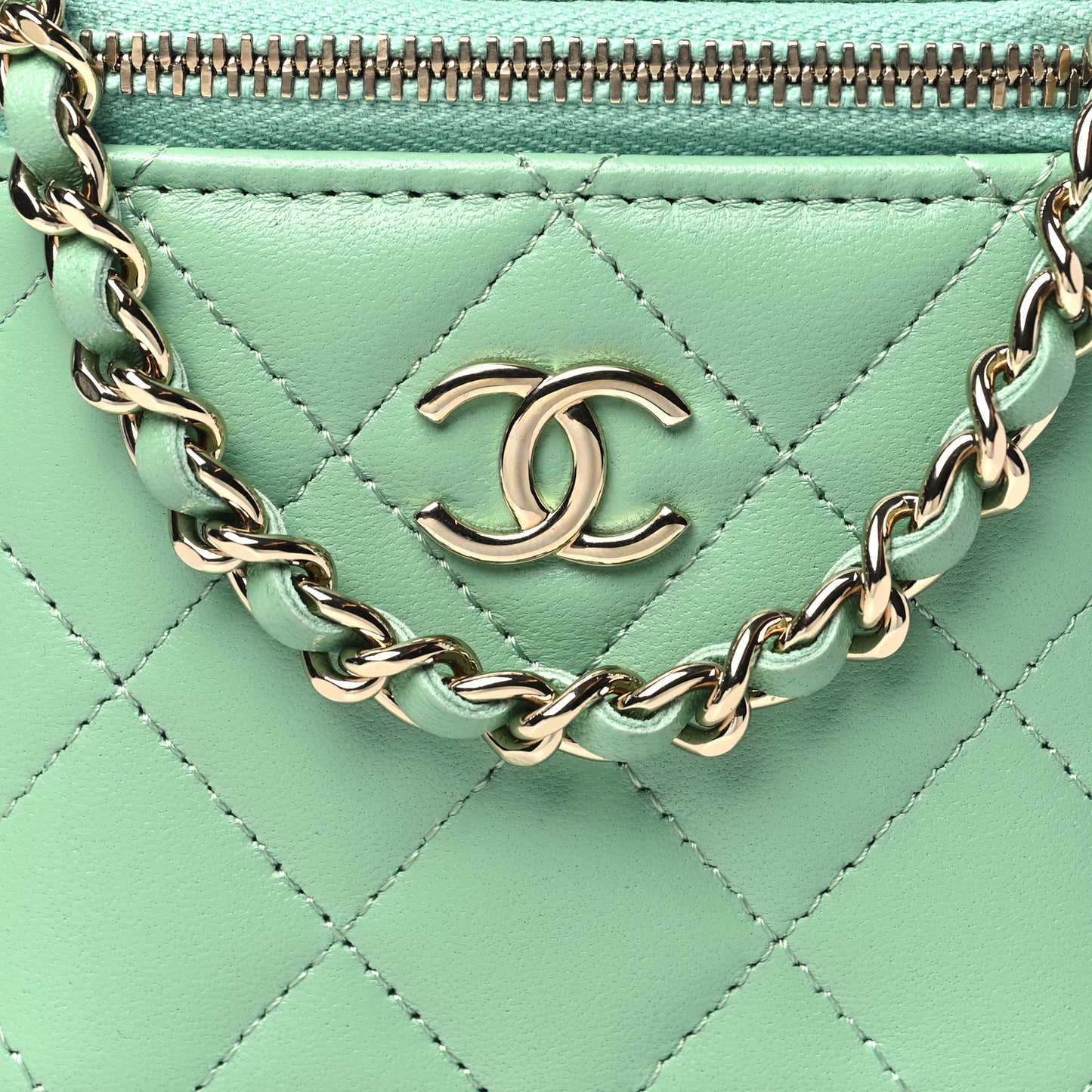 Lambskin Quilted Top Handle Mini Vanity Case With Chain Green