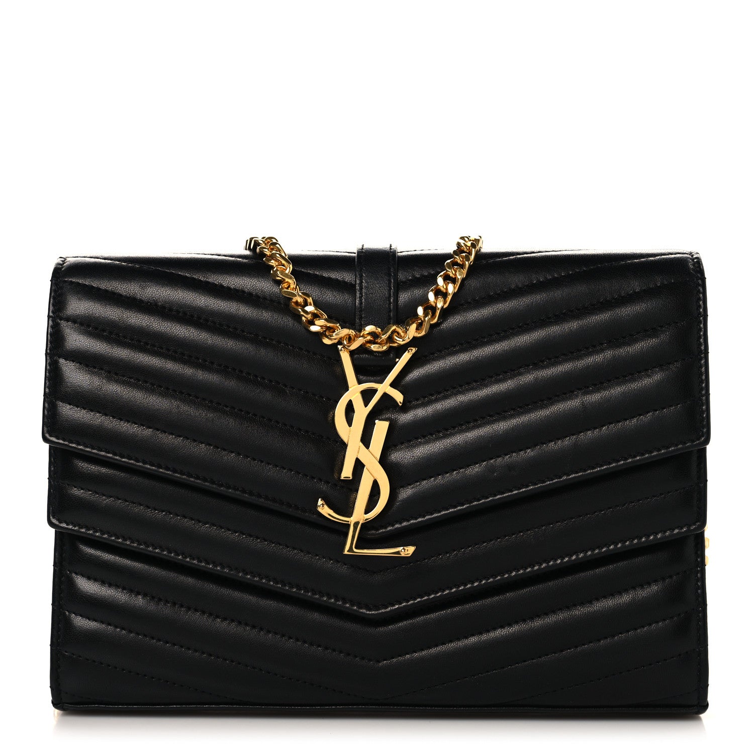 Saint Laurent Lambskin Matelasse Chevron Monogram Sulpice Chain Wallet Black 1 of 12