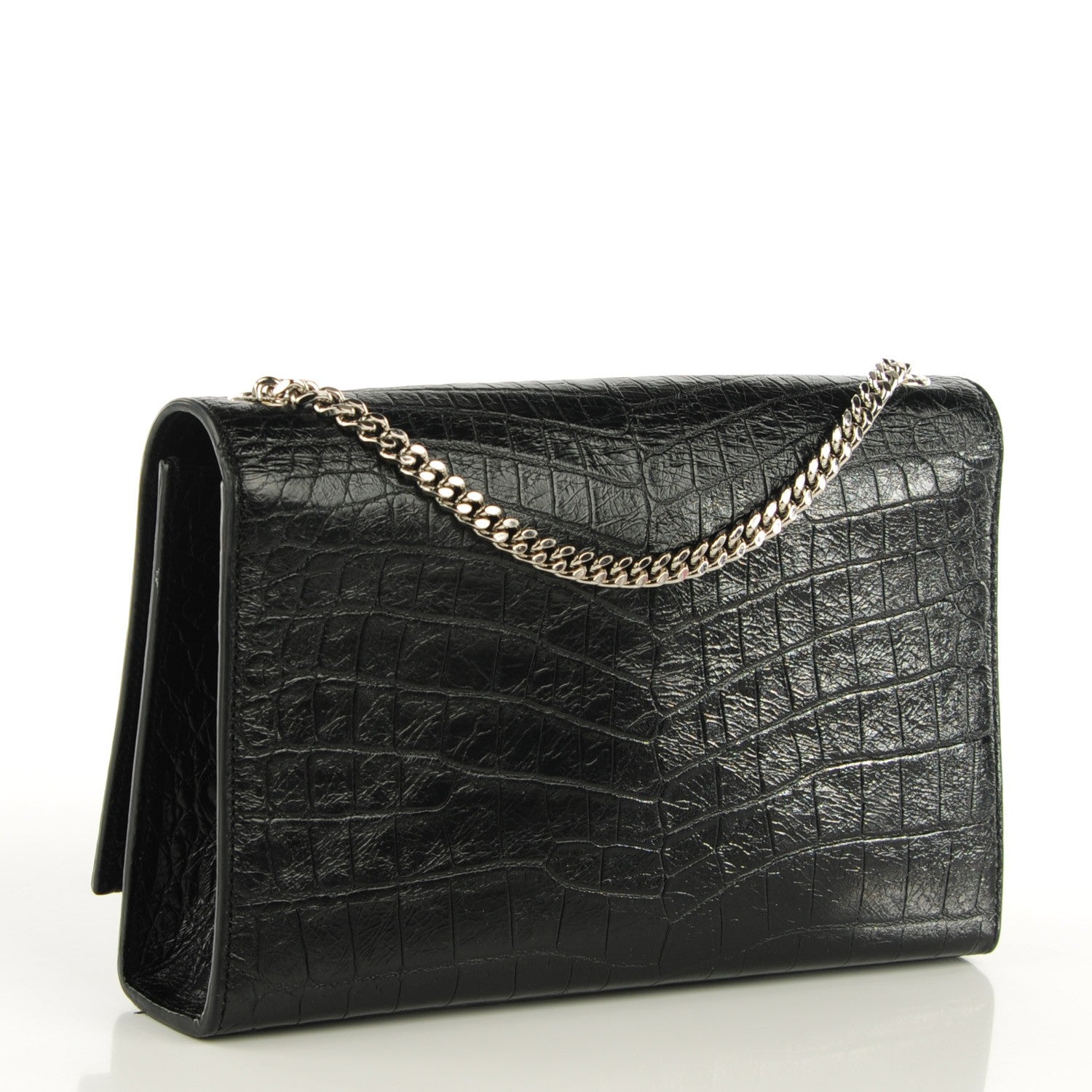 Saint Laurent Calfskin Crocodile Embossed Medium Classic Monogram Tassel Satchel Black 3 of 8