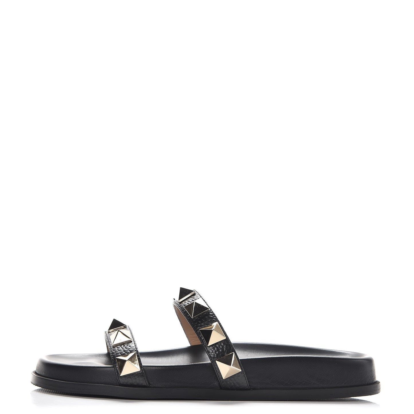 Pebbled Calfskin Macro Rockstud Lock Slide Sandals 37.5 Black