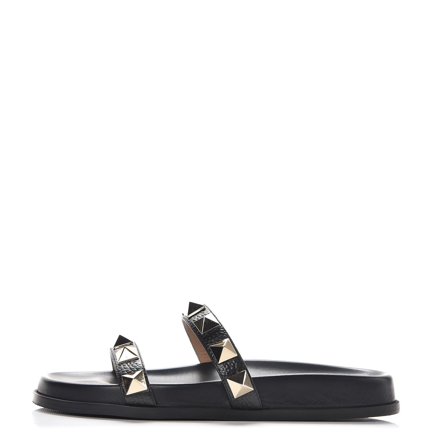 Valentino Garavani Pebbled Calfskin Macro Rockstud Lock Slide Sandals 37.5 Black 1 of 9