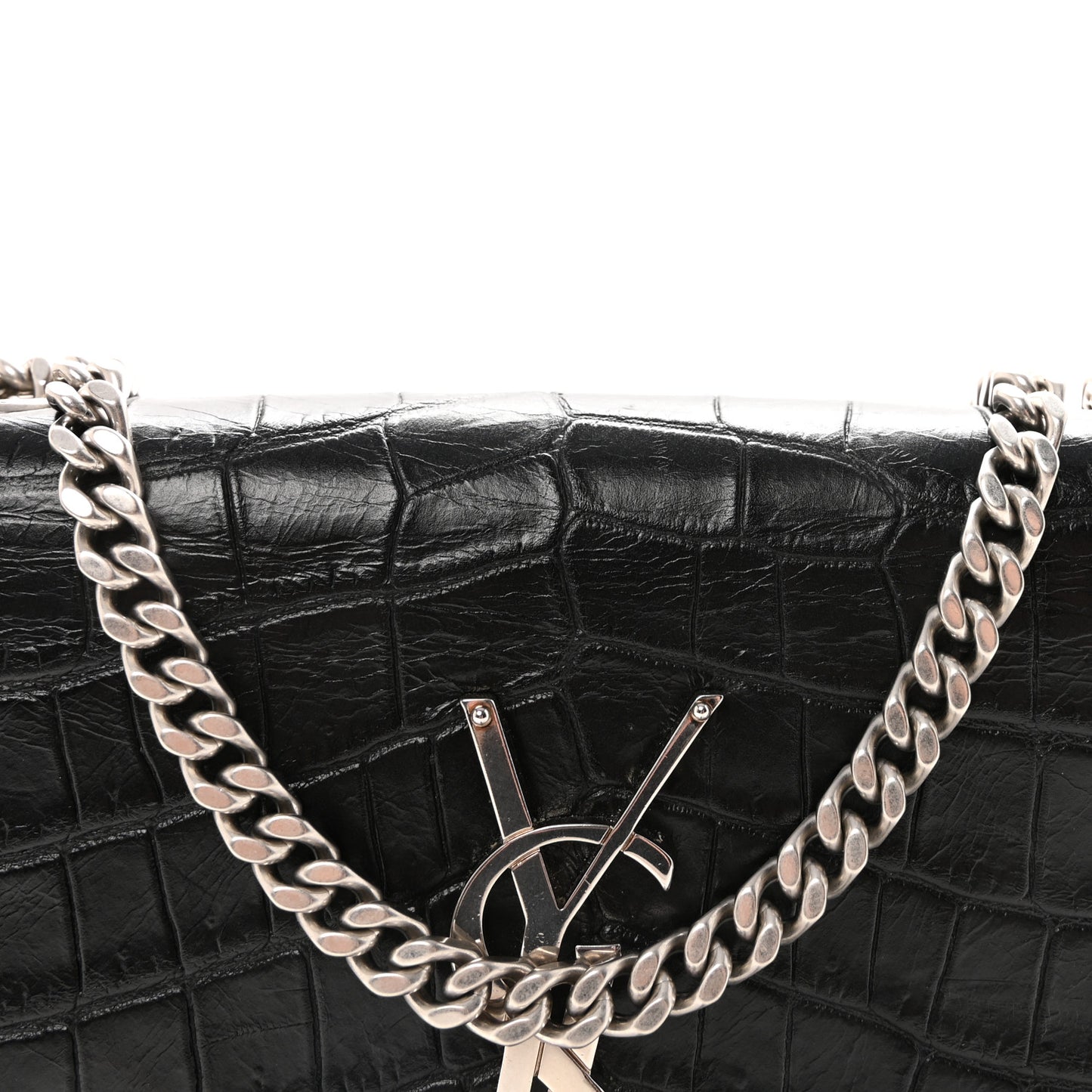 Calfskin Crocodile Embossed Small Classic Monogram Kate Tassel Satchel Black