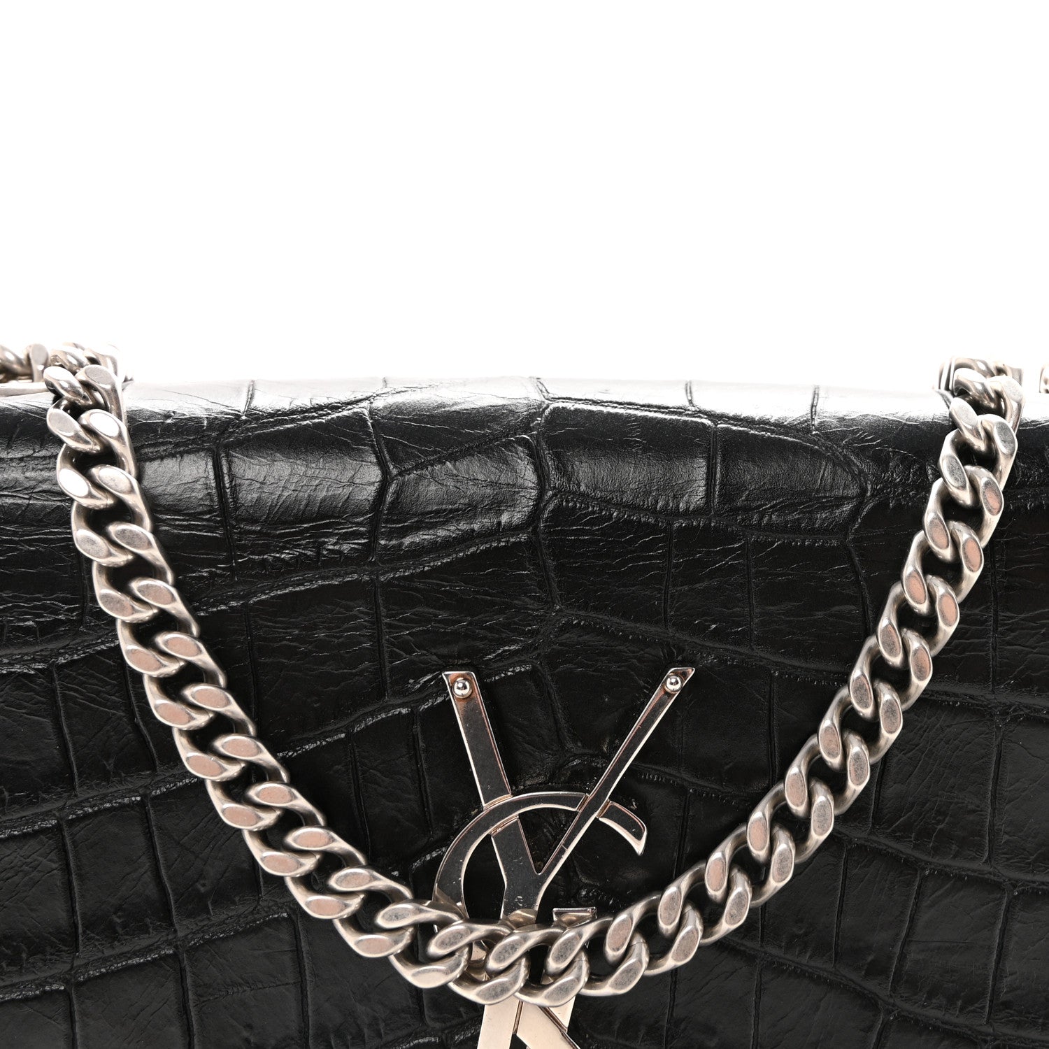 Saint Laurent Calfskin Crocodile Embossed Small Classic Monogram Kate Tassel Satchel Black 7 of 9