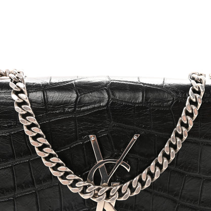 Saint Laurent Calfskin Crocodile Embossed Small Classic Monogram Kate Tassel Satchel Black 7 of 9